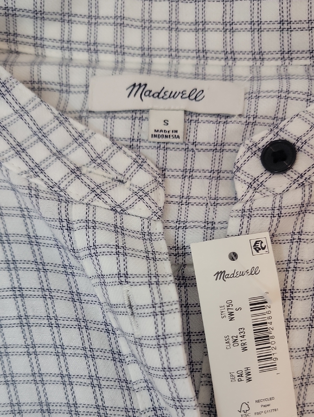 NWT Madewell Bell Sleeve Button Down Shirt with Blue Windowpane Grid. Small